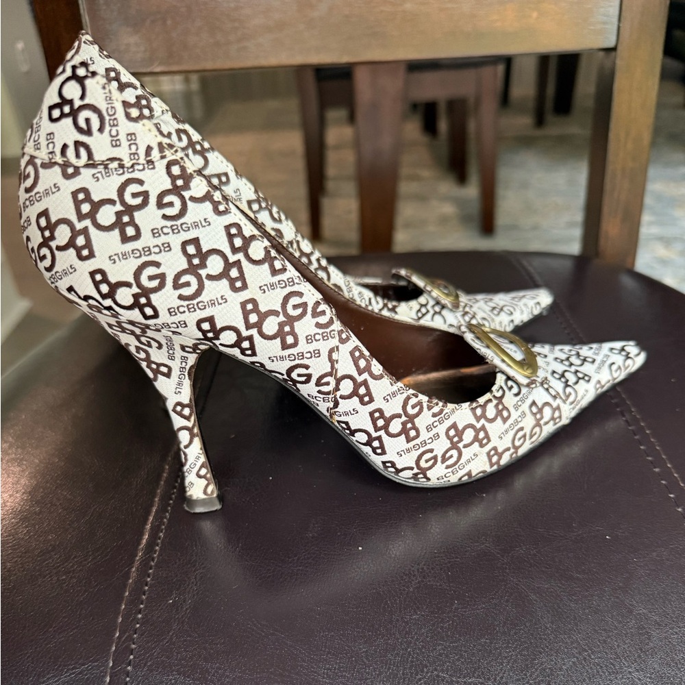 BCBGirls White and Brown Monogram Heels